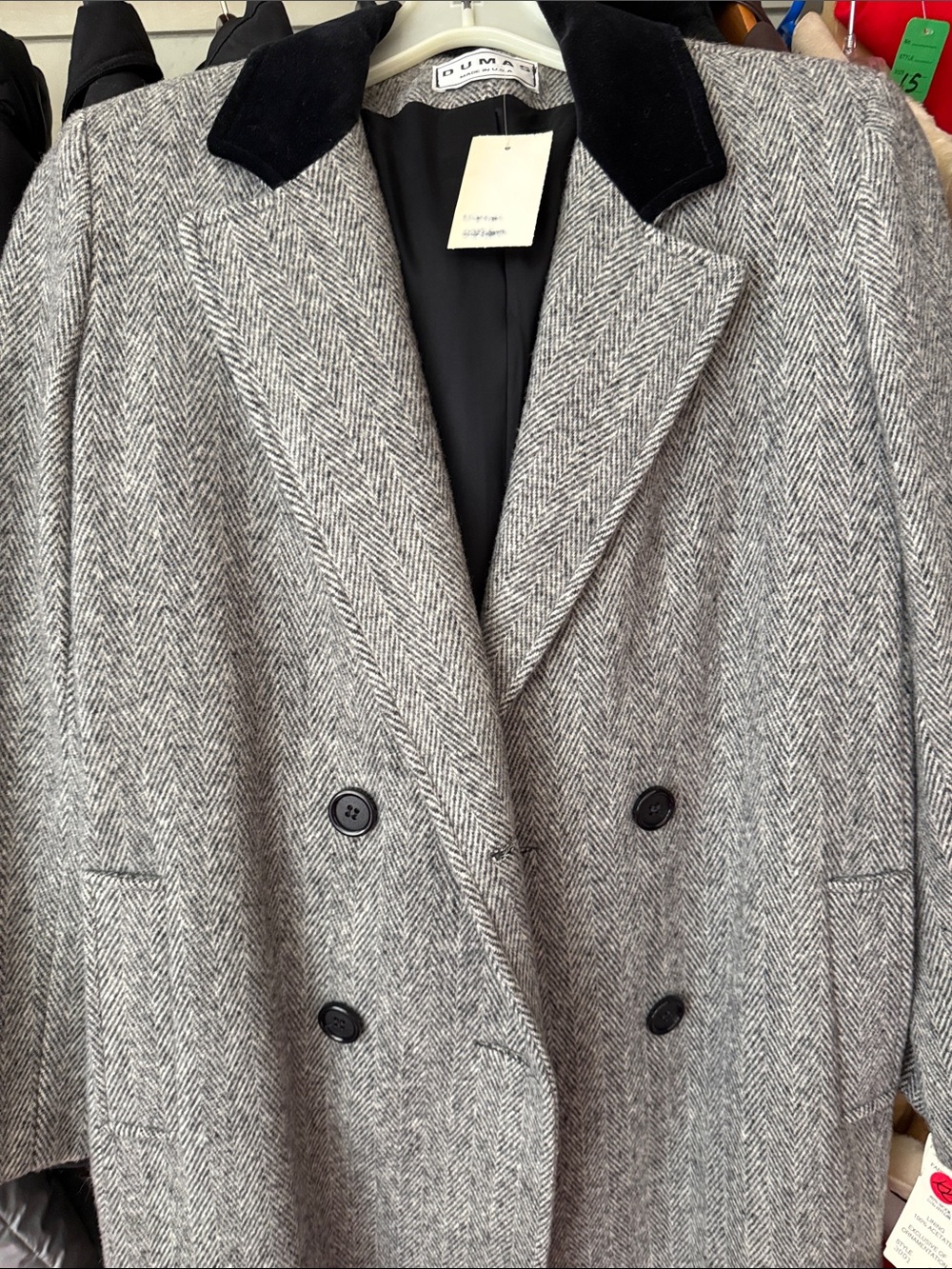 Woman’s Double-Breasted Herringbone Wool Coat - Gray with Black Collar